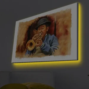 Canvastavla med LED-belysning - Musiker som spelar trumpet med uttrycksfulla drag Brun / Blå / Beige - Inredning Kampanjpris