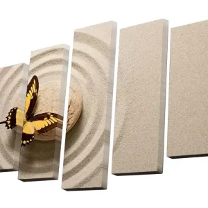 Begränsat erbjudande Canvastavla i 5 delar 82x50 cm - Fjäril på sand med cirklar i bakgrunden Gult / Beige / Brunt - Inredning