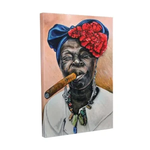 Fynd Canvastavla - Porträtt av en kvinna med cigarr och färgglad huvudbonad Mörkblå / Röd / Hudton - Inredning