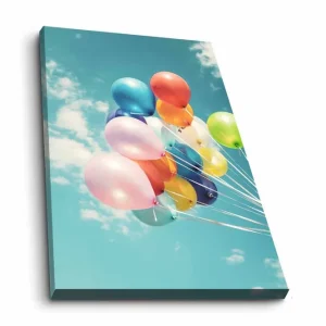 Beställ idag Canvastavla - Färgglada ballonger svävande mot en klar himmel Blå / Rosa / Gul - Inredning