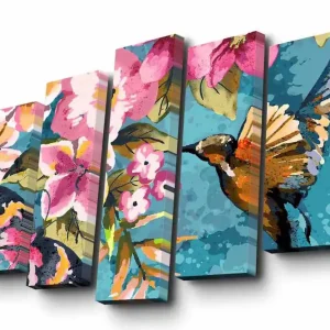 Begränsat erbjudande Canvastavla i 5 delar 82x50 cm - Färgglad kolibri omgiven av blommor Turkos / Rosa / Grön - Inredning