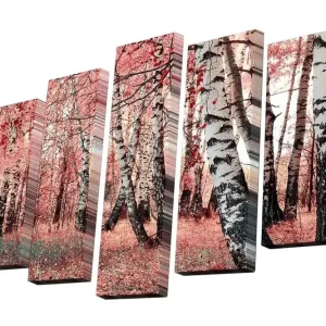 Canvastavla i 5 delar 82x50 cm - Vacker skog med björkar i höstfärger Rosa / Vit / Svart - Inredning Expressleverans