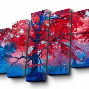 Kampanjpris Canvastavla i 5 delar 82x50 cm - Storslagen trädkrona med röda löv Röd / Blå / Ljusblå - Inredning