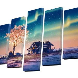 Canvastavla i 5 delar 82x50 cm - Blommande körsbärsträd vid en stjärnklar himmel över en landsbygdsscen Rosa / Blå / Grön - Inredning Fri frakt