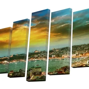 Sänkt pris Canvastavla i 5 delar 82x50 cm - Vacker stadsutsikt över Istanbul vid solnedgången Guld / Blå / Grön - Inredning
