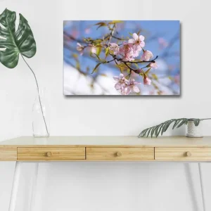 Canvastavla med LED-belysning - Blommande körsbärsträd i vårens ljus Rosa / Grön / Blå - Inredning Beställ idag