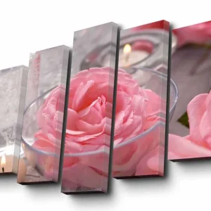 Canvastavla i 5 delar 82x50 cm - Rosa rosor i en skål med ljus Rosa / Transparent / Grå - Inredning Fynd