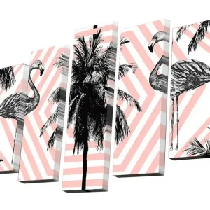 Canvastavla i 5 delar 82x50 cm - Flamingos omgivna av palmer och geometriska mönster Rosa / Svart / Vitt - Inredning Erbjudandepris