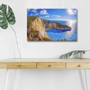 Canvastavla med LED-belysning - Storslagen kustlandskap med klippor och turkost hav Turkos / Beige / Grön - Inredning Trygg betalning