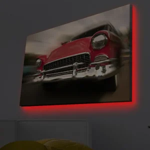 Canvastavla med LED-belysning - Röd klassisk bil i rörelse Röd / Silver - Inredning Populär