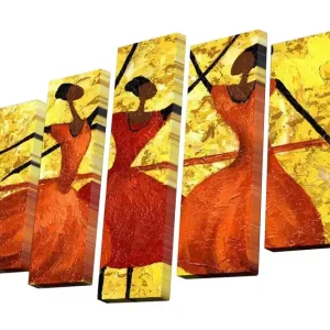 Canvastavla i 5 delar 82x50 cm - Dansande kvinnor i livfulla klänningar Orange / Guld / Svart - Inredning Nyhet