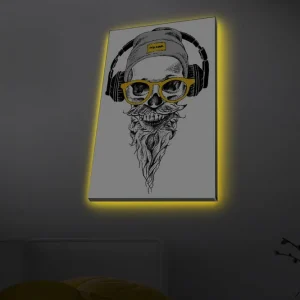 Begränsat erbjudande Canvastavla med LED-belysning - Skalle med hörlurar och glasögon i en modern stil Svart / Gult / Grått - Inredning
