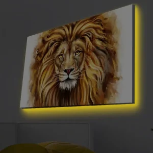 Sänkt pris Canvastavla med LED-belysning - Majestätisk lejonhuvud med detaljerad man och uttrycksfulla ögon Guld / Brun / Beige - Inredning
