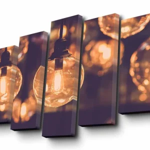 Canvastavla i 5 delar 82x50 cm - Glödande glödlampor i en mjuk bokeh-effekt Guld / Mörkbrun / Transparent - Inredning Sänkt pris