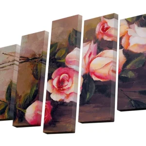 Bästa pris Canvastavla i 5 delar 82x50 cm - Färgrik bukett av rosor Rosa / Grön / Beige - Inredning