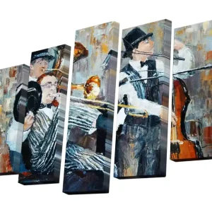 Trygg betalning Canvastavla i 5 delar 82x50 cm - Musiker i en livlig jazzkomposition Svart / Grå / Orange - Inredning