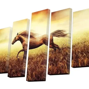 Canvastavla i 5 delar 82x50 cm - Galopperande häst i gyllene fält Guld / Brunt / Beige - Inredning Säker betalning