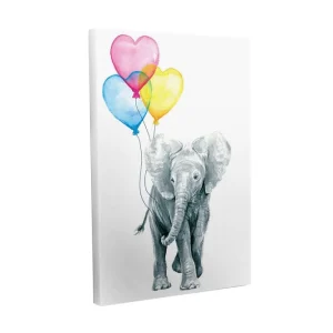 Snabb leverans Canvastavla - Söt elefant som håller i färgglada hjärtformade ballonger Grå / Rosa / Blå - Inredning