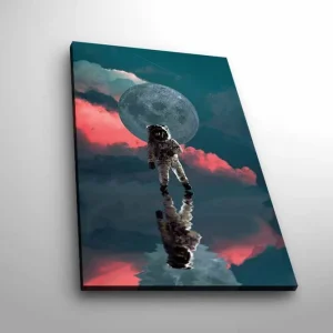 Sänkt pris Canvastavla med LED-belysning - Astronaut som svävar i en drömlik rymdmiljö med en stor måne i bakgrunden Mörkblå / Rosa / Grå - Inredning