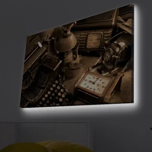 Canvastavla med LED-belysning - Vintage skrivmaskin och gamla föremål i en nostalgisk komposition Brun / Svart / Beige - Inredning Nedsatt pris