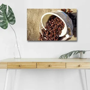 Canvastavla med LED-belysning - Utkast av en kopp med kaffebönor som sprider sig över en juteväv Mörkbrun / Beige - Inredning Begränsat erbjudande