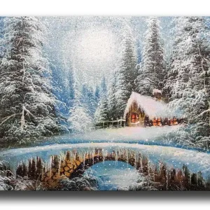 Begränsat antal Canvastavla - Vinterlandskap med en stuga och snöklädda träd Blå / Vit / Brun - Inredning