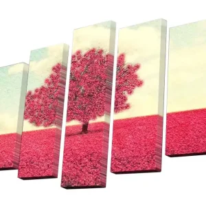 Canvastavla i 5 delar 82x50 cm - Blomstrande träd i en rosa landskapsscen Rosa / Ljusblå / Beige - Inredning Säker betalning