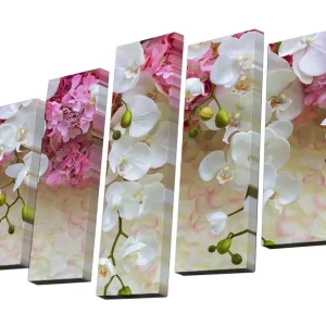 Canvastavla i 5 delar 82x50 cm - Färgrik bukett av orkidéer och blommor Vit / Rosa / Grön - Inredning Beställ idag