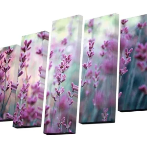 Canvastavla i 5 delar 82x50 cm - Lila lavendelblommor i en harmonisk komposition Lila / Grön / Blå - Inredning Begränsat erbjudande