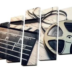 Canvastavla i 5 delar 82x50 cm - Filmklappa och filmrulle i nostalgisk stil Svart / Grå / Beige - Inredning Snabb leverans