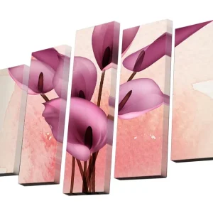Rabatter Canvastavla i 5 delar 82x50 cm - Färgglad bukett av kallor i rosa nyanser Rosa / Ljusrosa / Brun - Inredning