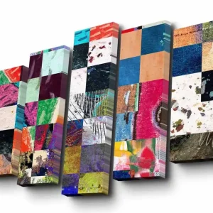 Canvastavla i 5 delar 82x50 cm - Färgglad mosaik av geometriska rutor Grön / Blå / Röd - Inredning Beställ idag
