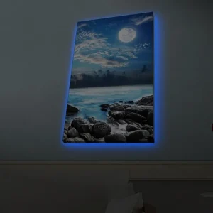 Outlet Canvastavla med LED-belysning - Stämningsfull havslandskap med måne och klippor Blå / Grå / Vit - Inredning