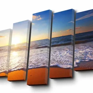 Canvastavla i 5 delar 82x50 cm - Solnedgång över havet med mjuka vågor som rullar in mot stranden Blå / Orange / Vit - Inredning Sänkt pris
