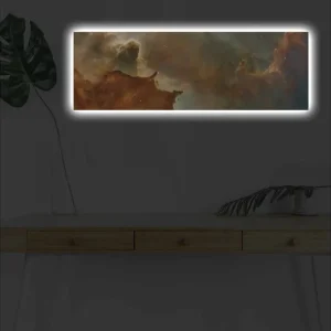 Canvastavla med LED-belysning - Abstrakt rymdlandskap med svävande moln och stjärnor Kopparbrun / Grön / Blå - Inredning Kampanj