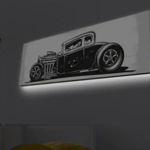 Canvastavla med LED-belysning - Klassisk hot rod-bil i svartvitt Svart / Vitt - Inredning Lägg i varukorgen