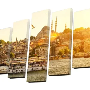 Kundfavorit Canvastavla i 5 delar 82x50 cm - Solnedgång över Istanbul med stadens silhuett och båtar på vattnet Guld / Orange / Grön - Inredning