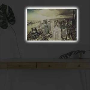 Endast denna vecka Canvastavla med LED-belysning - Storslagen vy över en stad med moderna skyskrapor Grå / Beige / Svart - Inredning