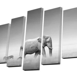 Reapris Canvastavla i 5 delar 82x50 cm - Elefant och zebra i en harmonisk svartvit komposition Svart / Vitt / Grått - Inredning