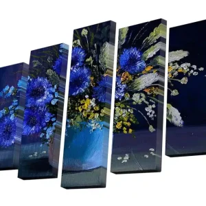 Canvastavla i 5 delar 82x50 cm - Färgrik bukett av blommor i en blå vas Blå / Grön / Gul - Inredning Beställ nu