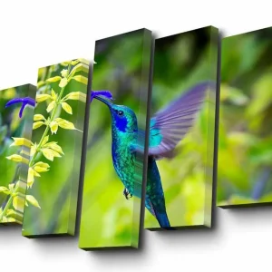 Begränsat antal Canvastavla i 5 delar 82x50 cm - Kolibri i flykt bland gröna växter Grön / Blå / Gul - Inredning