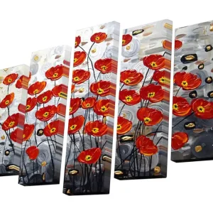 Snabb leverans Canvastavla i 5 delar 82x50 cm - Färgrik bukett av vallmo i röd nyans Röd / Svart / Grå - Inredning