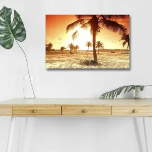 Rea Canvastavla med LED-belysning - Solnedgång över en strand med palmer Orange / Guld / Beige - Inredning