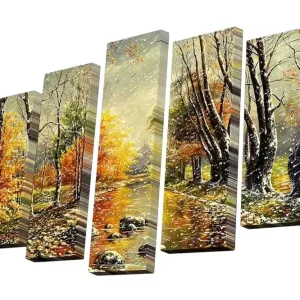 Canvastavla i 5 delar 82x50 cm - Höstlandskap med färgglada träd och spegelbild i vattnet Orange / Grön / Brun - Inredning Expressleverans