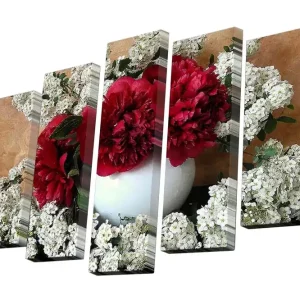 Fynd Canvastavla i 5 delar 82x50 cm - Färgrik bukett av röda blommor i en vit vas omgiven av vita blommor Röd / Vit - Inredning