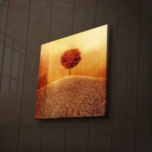 Beställ idag Canvastavla med LED-belysning 28x28 cm - Ensam röd träd på en gyllene kulle Röd / Guld / Beige - Inredning
