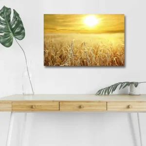 Canvastavla med LED-belysning - Gyllene vetefält under en solnedgång Guld / Beige / Ljusbrun - Inredning Nyhet