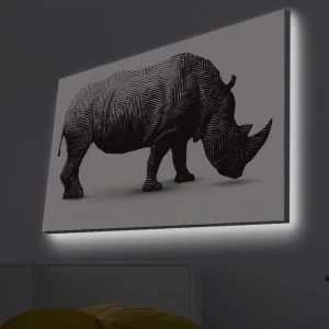 Canvastavla med LED-belysning - Stiliserad noshörning i svart och vitt Svart / Vit - Inredning Utförsäljning