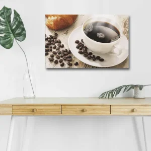 Bästa pris Canvastavla med LED-belysning - Kopp med svart kaffe och kaffebönor på ett bord Svart / Brun / Vit - Inredning