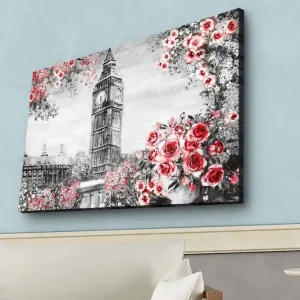 Canvastavla med LED-belysning - Blommor i röd nyans med Big Ben i bakgrunden Röd / Grå / Vit - Inredning Kampanj